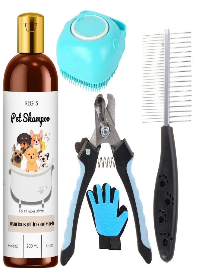 مجموعة ريجيس للعناية بالحيوانات الأليفة مع شامبو، طقم من 5 قطع، أدوات احترافية للعناية بالكلاب مع فرشاة تدليك، مقص أظافر، مشط، قفاز، غسول متكامل 200 مل - Image 1